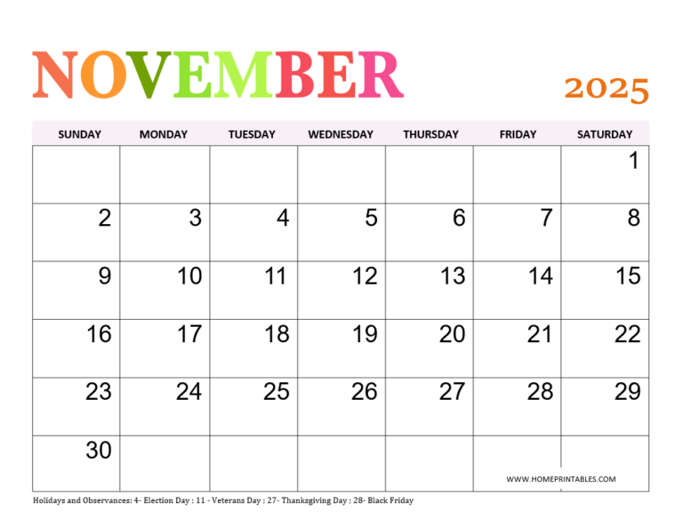 November 2025 Calendar 30 Beautiful Free Printables Home Printables
