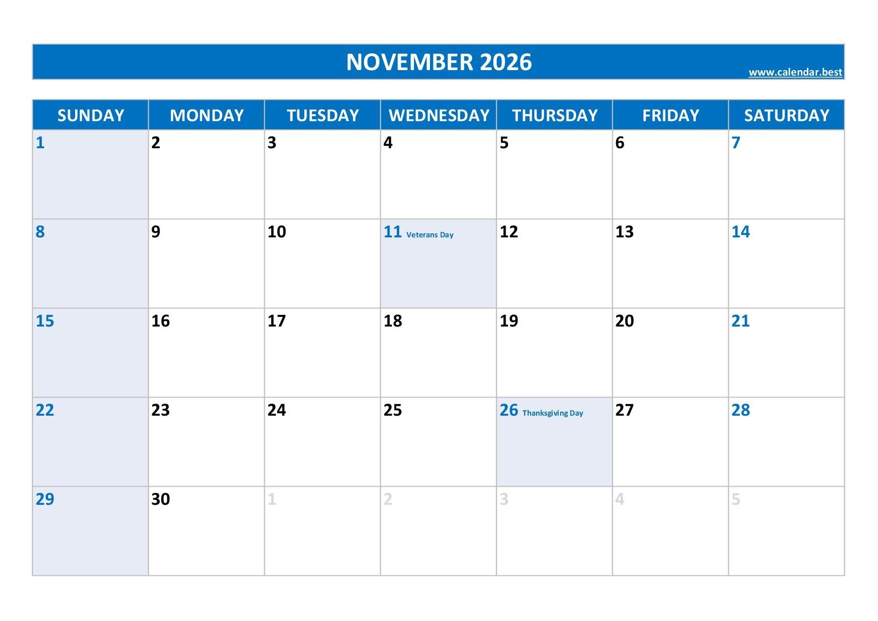 November 2026 Calendar Calendar best