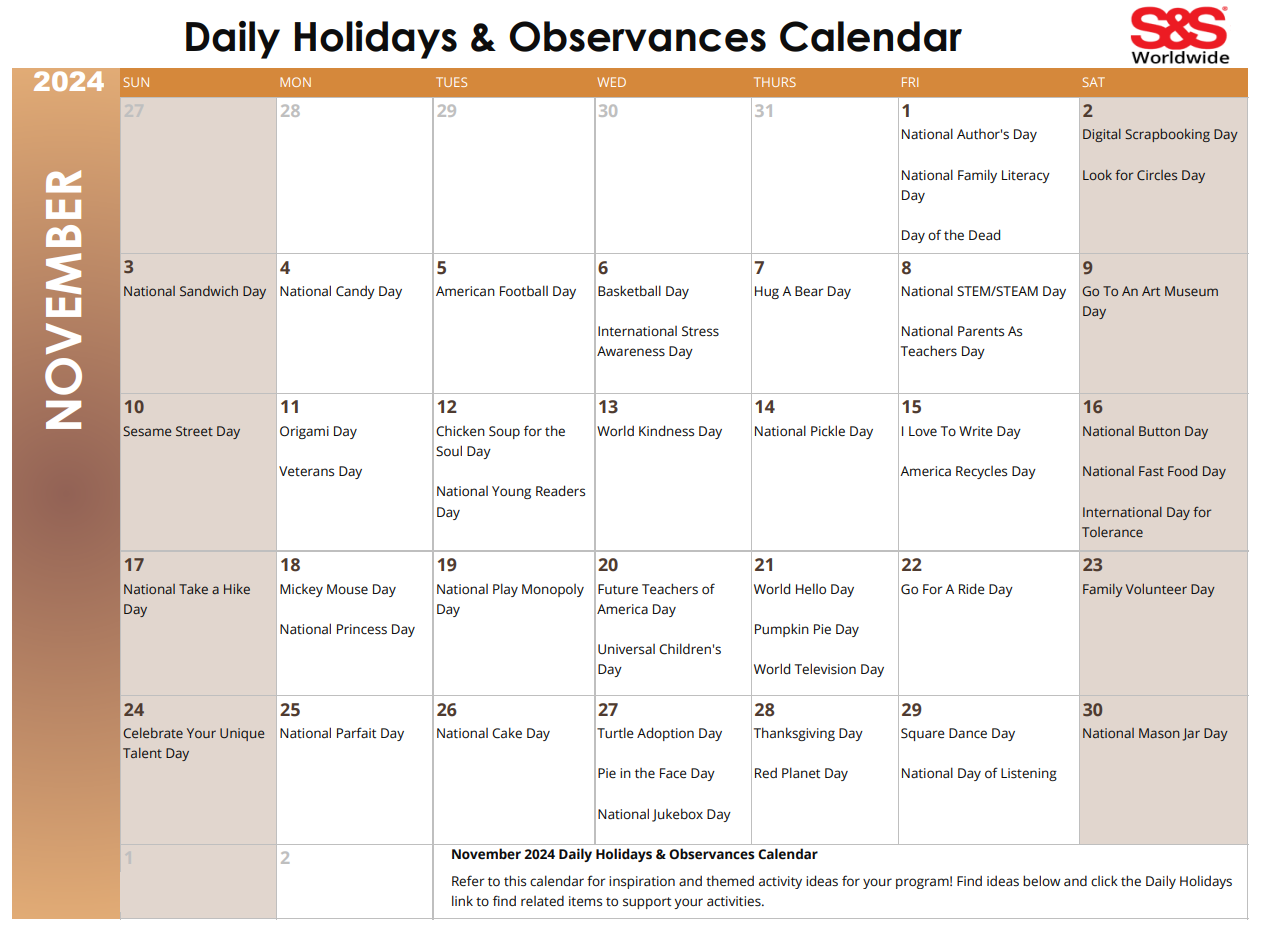 November Daily Holidays Observances Printable Calendar S S Blog