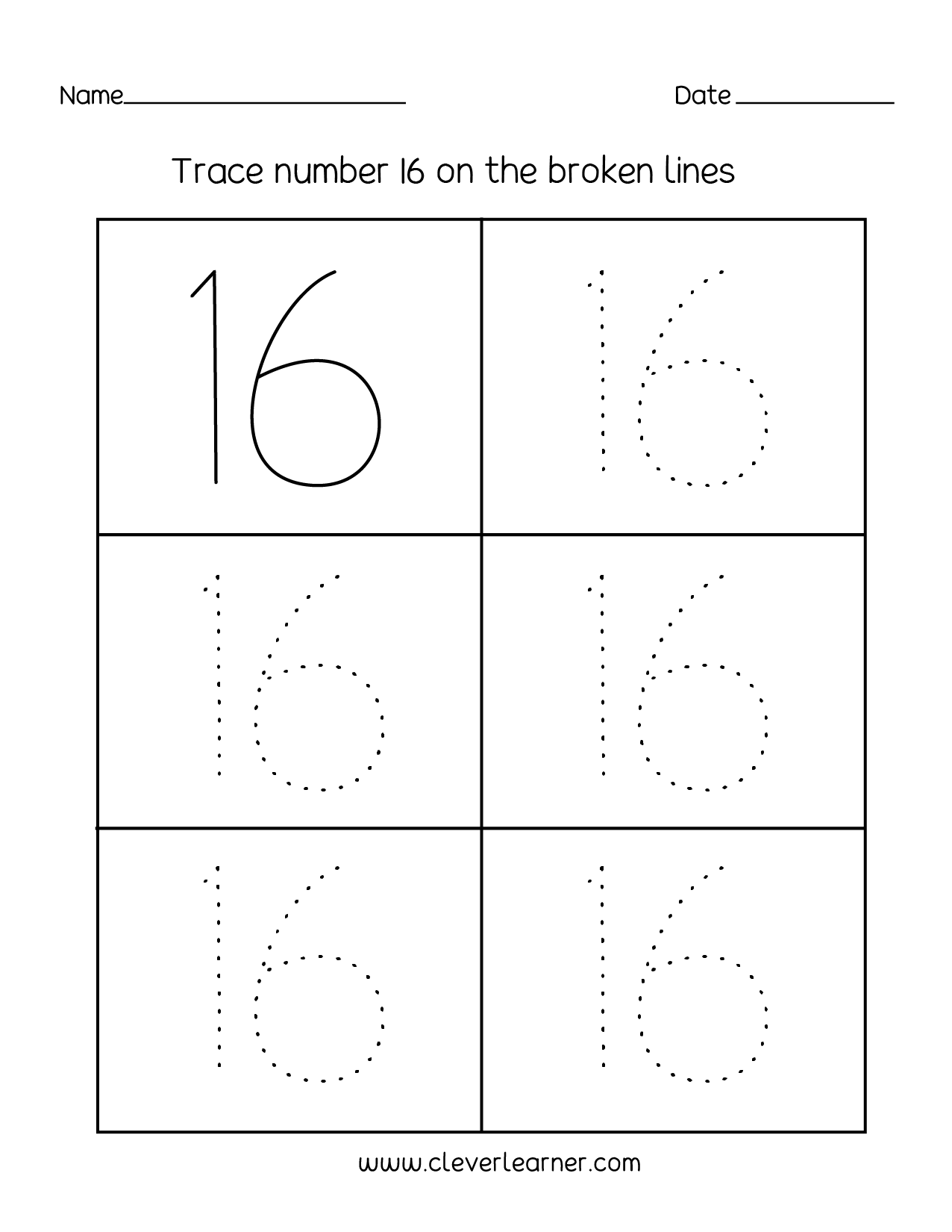 Number 16 Writing Counting And Identification Printable Worksheets For Children