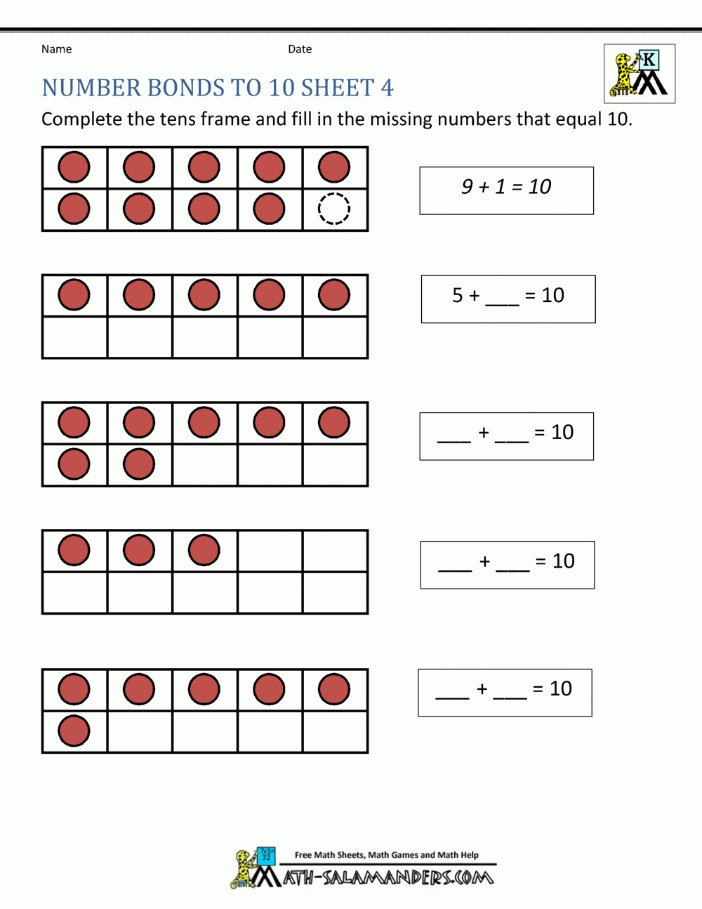 Number Bonds To 10 Worksheets