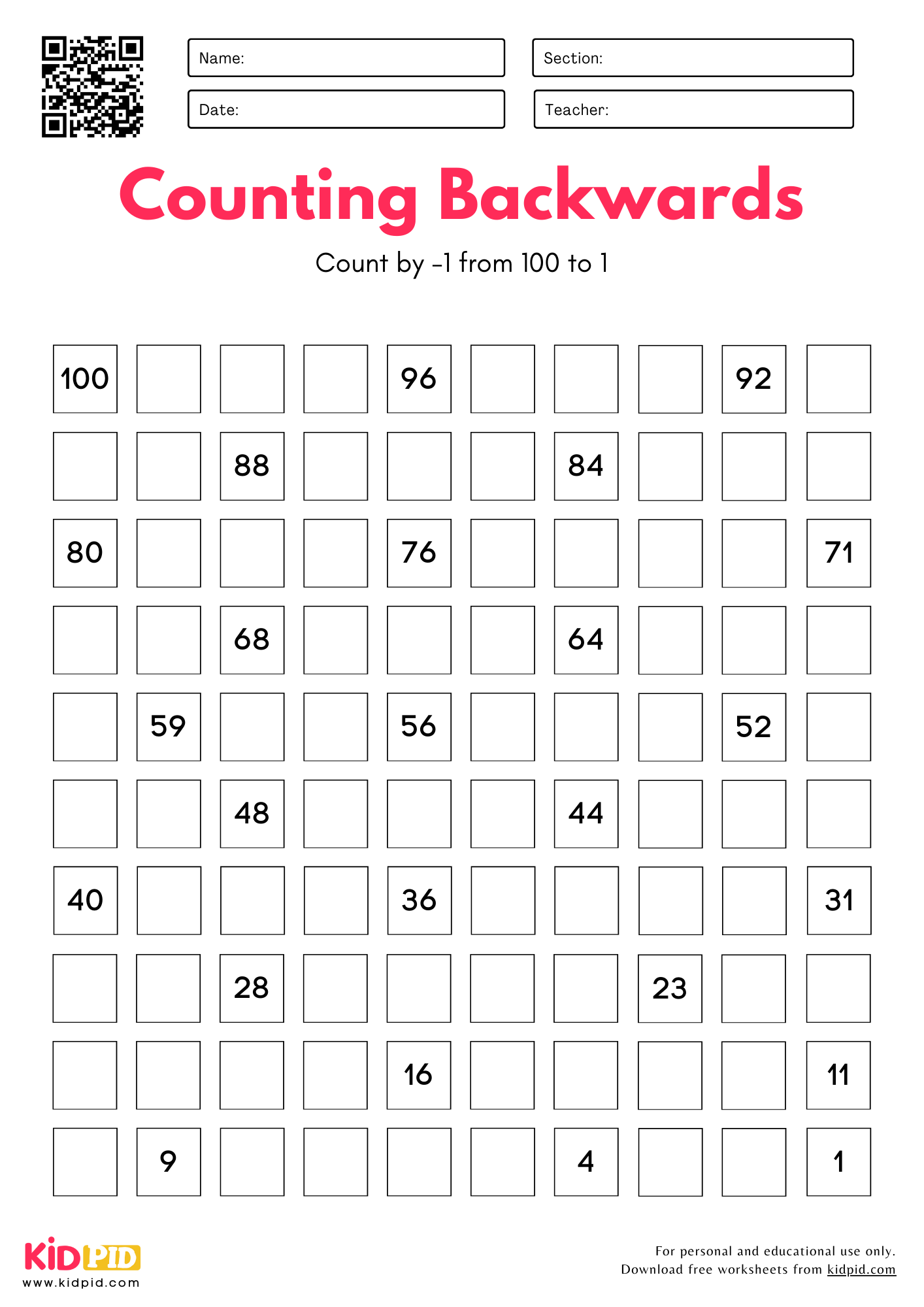 Number Chart Counting Backward Worksheets For Grade 1 Kidpid