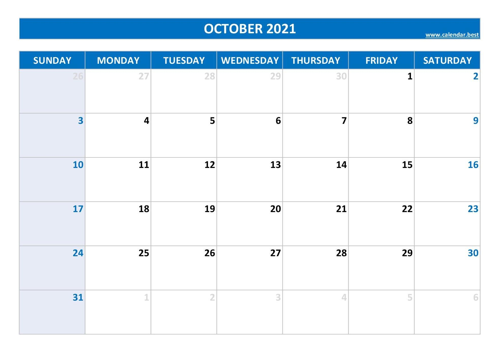 October 2021 Calendar Calendar best