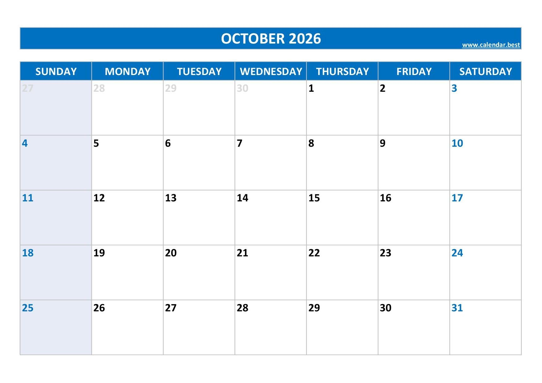 October 2026 Calendar Calendar best