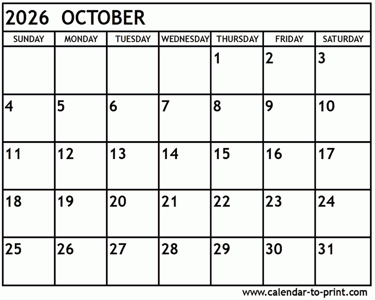 Printable October Calendar 2026