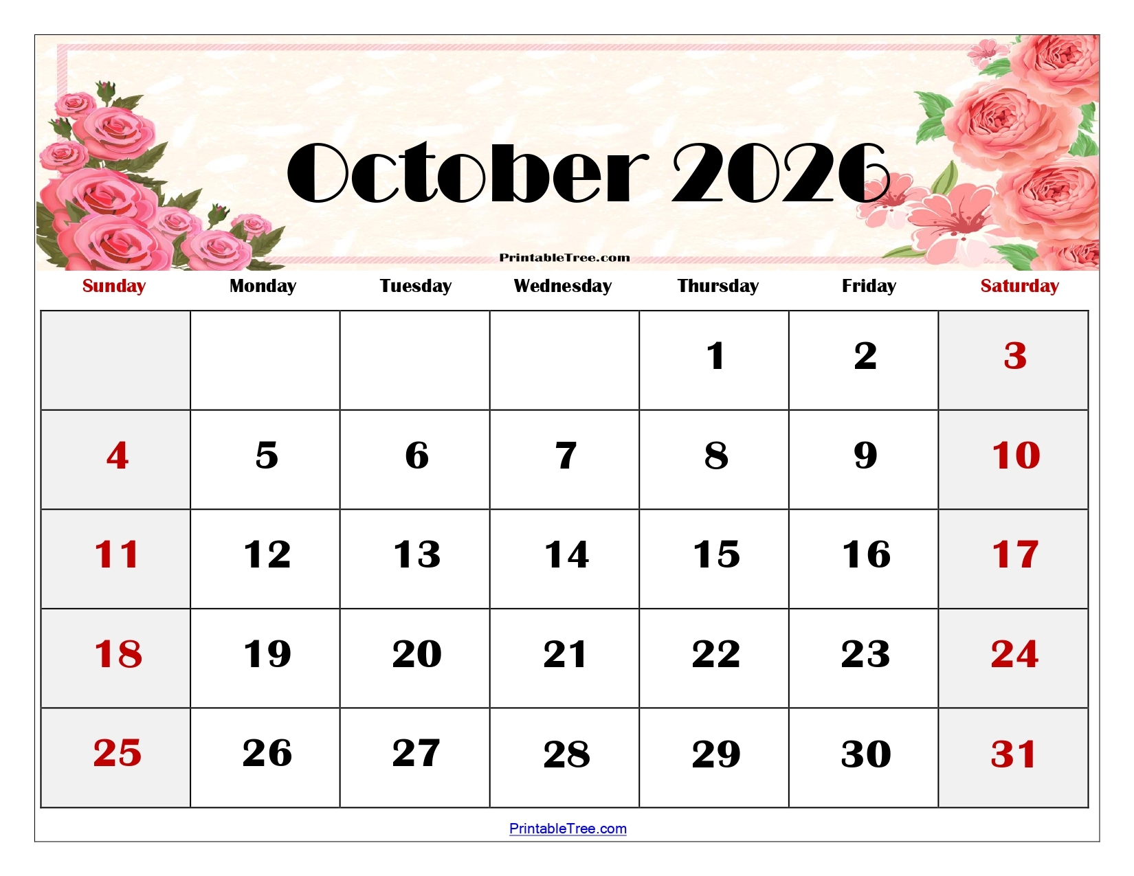 October Calendar 2026 Printable