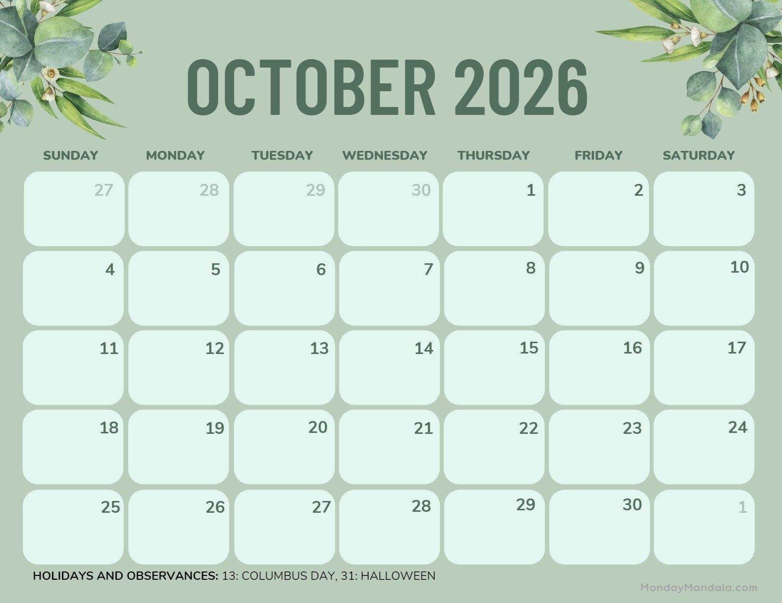 October 2026 Free Printable Calendar