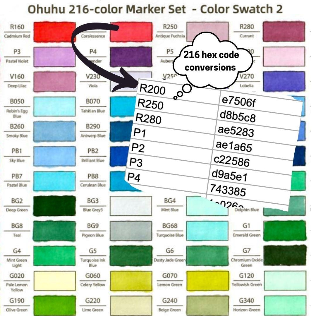 Ohuhu Marker Hex Code Dataset Digital Download Excel File ohuhu 216 Marker Set Perfect For Digitization Creative Tasks Etsy