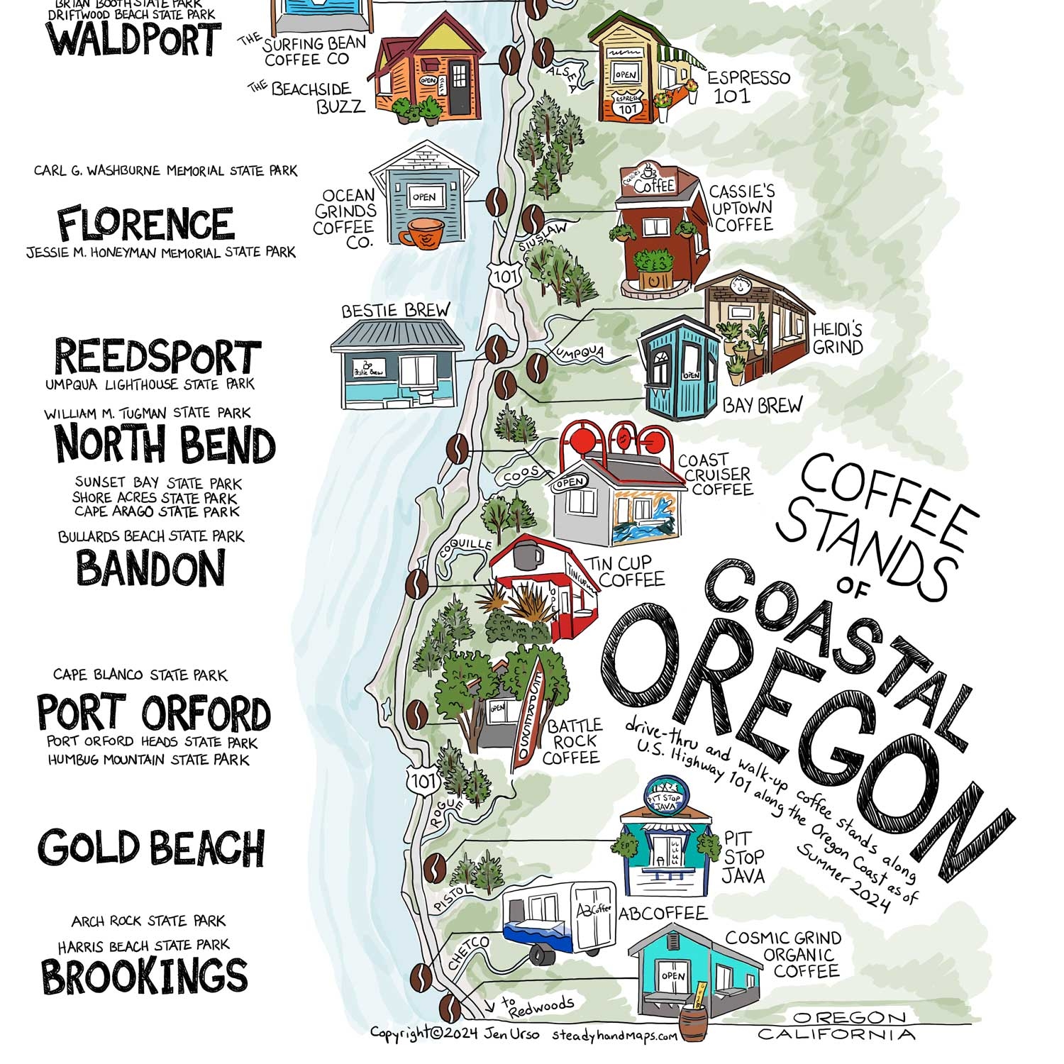Oregon Coast Map Coffee Stands Steady Hand Maps