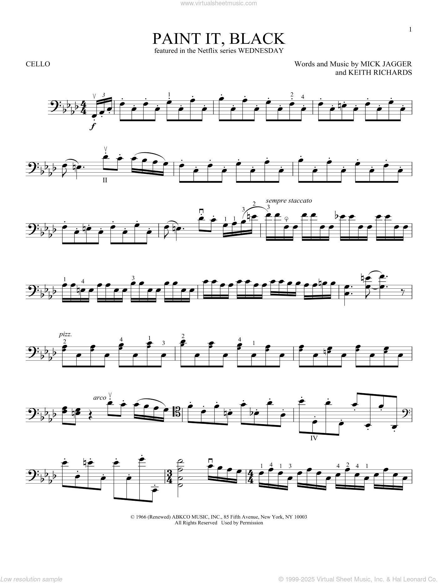 Paint It Black from Wednesday Sheet Music For Cello Solo PDF 