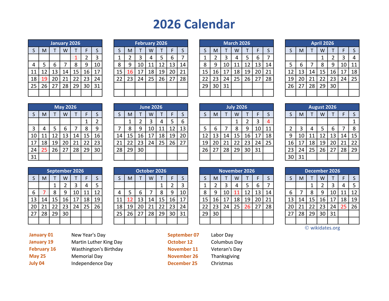 2026 Calendar With Holidays Printable