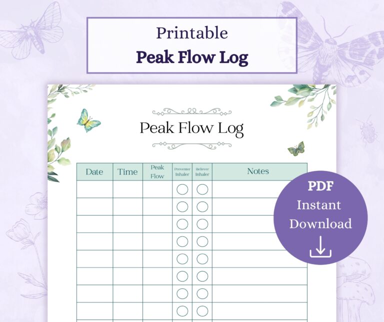 Peak Flow Log Printable PDF Peak Flow Chart Asthma Tracker 