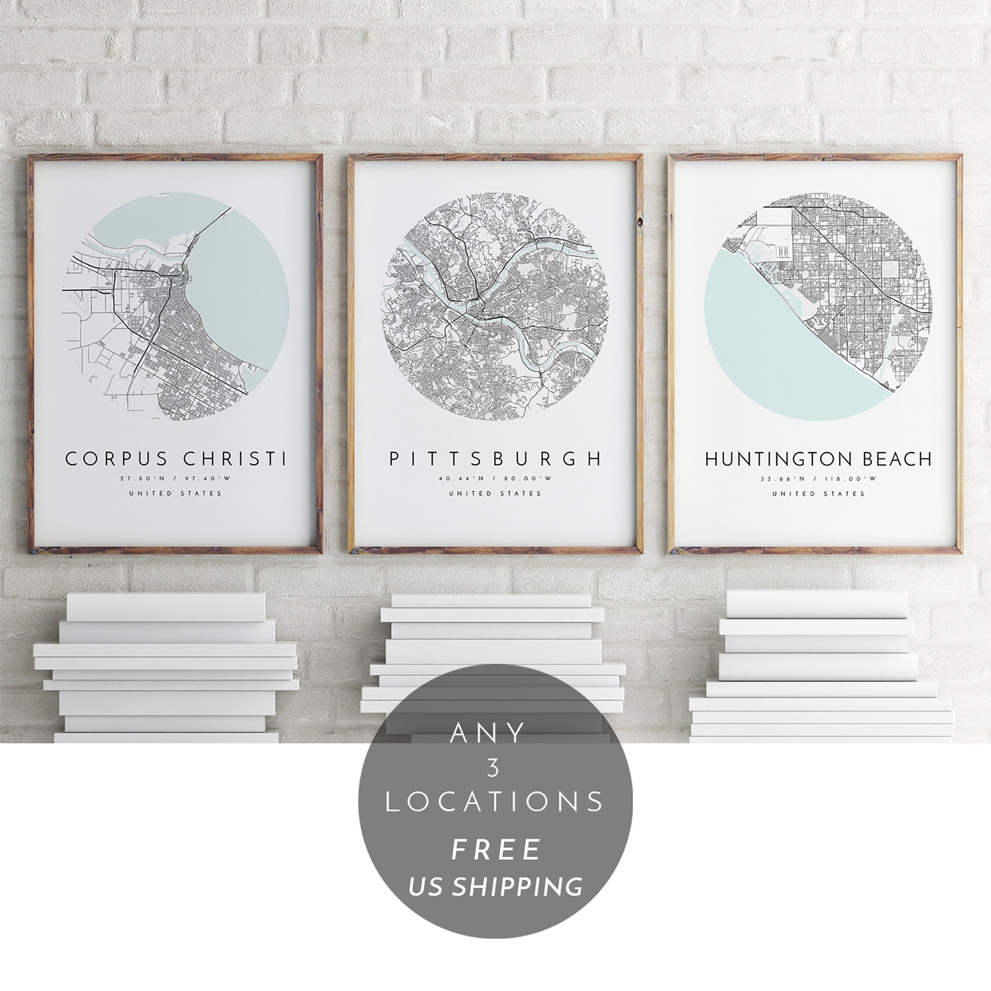 Personalized Map Print Set Of Three Map Prints Custom Locations Your Choice Anniversary Custom Map Home Town Map City Map Etsy