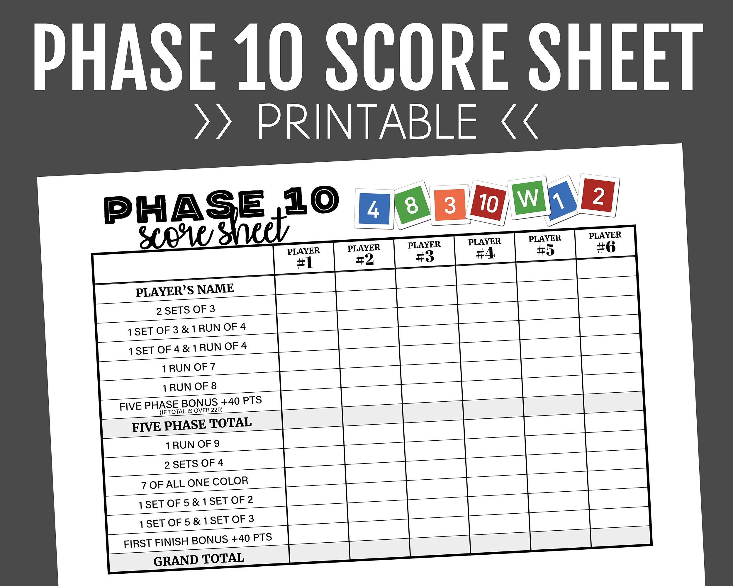 Phase 10 Score Sheet Printable Score Sheet Digital Instant Download Phase 10 Printable File PDF 8 5