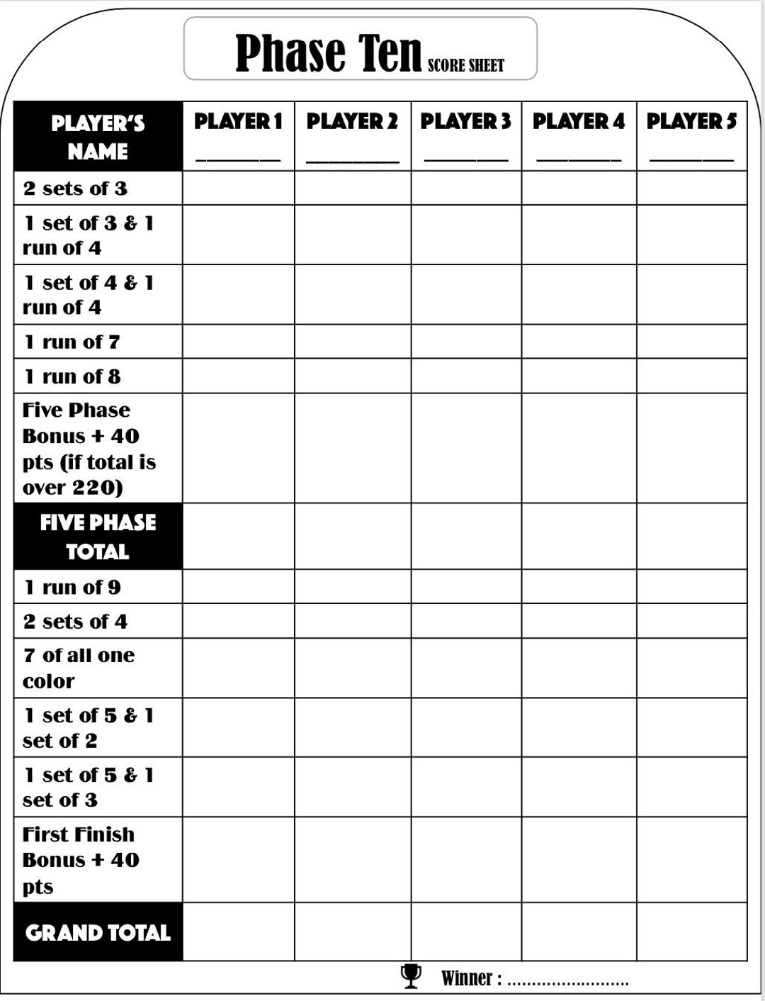 Phase Ten Score Card Phase Ten Scoresheet Phase Ten Score Pads Printable File PDF Download 8 5x11 Etsy Hong Kong