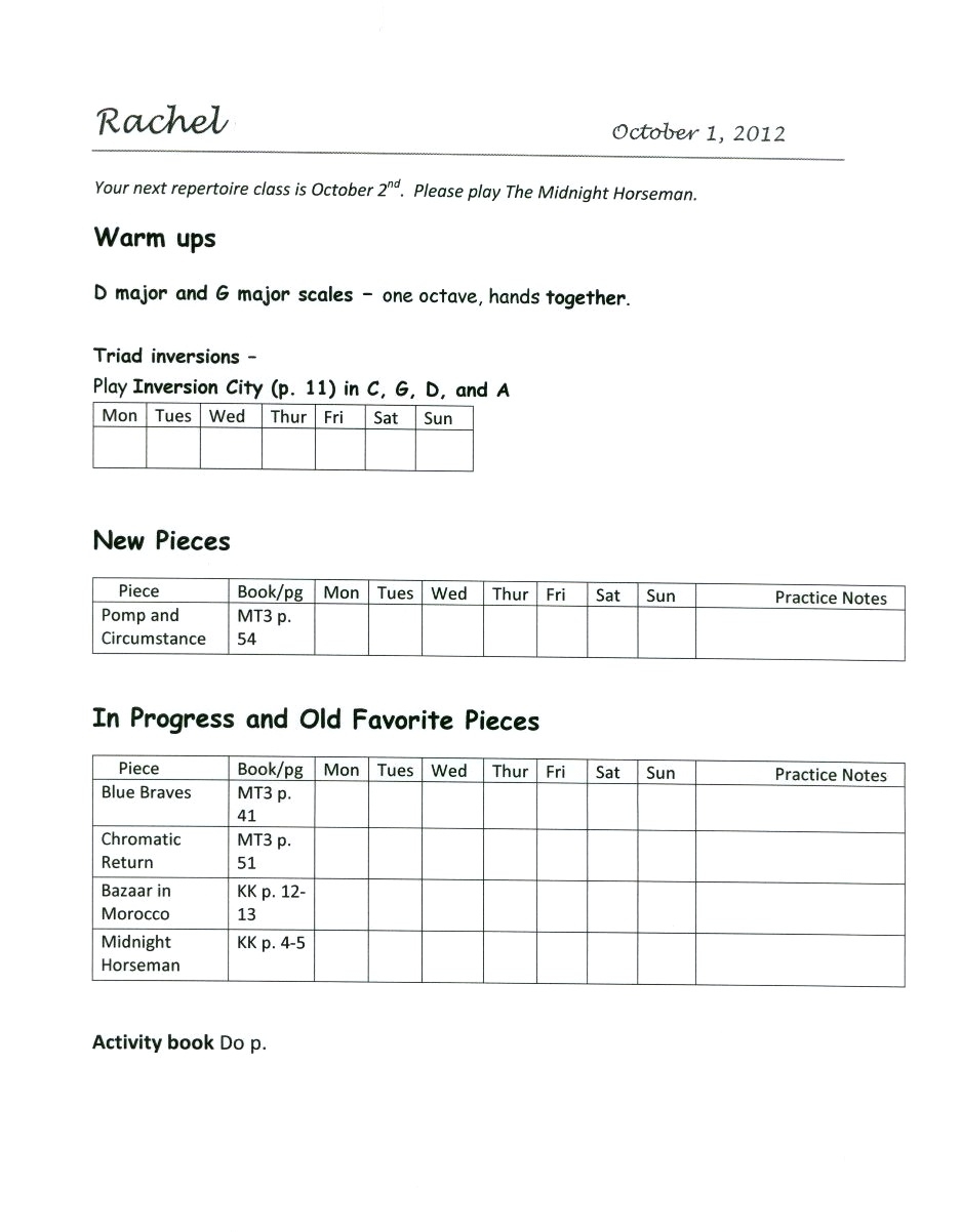Piano Assignment Sheets Ashley Danyew