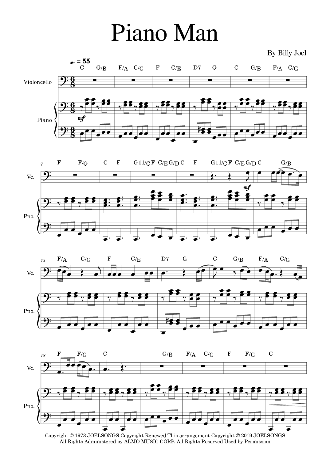 Piano Man arr Golden Skull Editions By Billy Joel Sheet Music For Cello And Piano At Sheet Music Direct