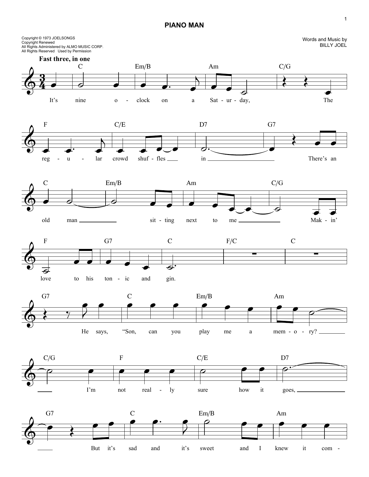 Piano Man By Billy Joel Sheet Music For Easy Lead Sheet Fake Book At Sheet Music Direct