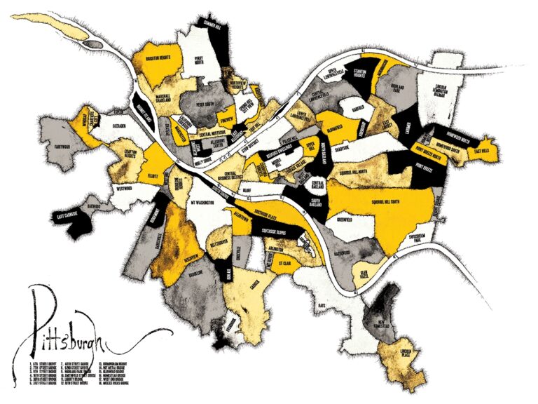 Pittsburgh Neighborhood Map Black And Gold Bear Left Bear