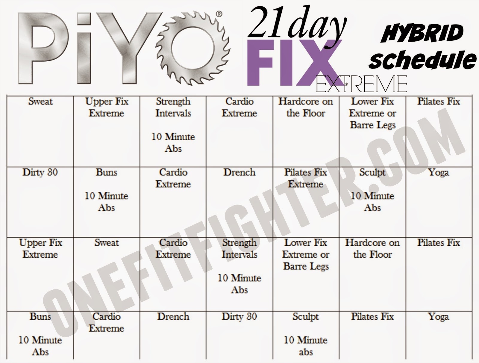 Piyo Hybrid Workout Calendar Cardio Workout 21 Day Abs 30 Day Fix Workouts 21 Day Fix