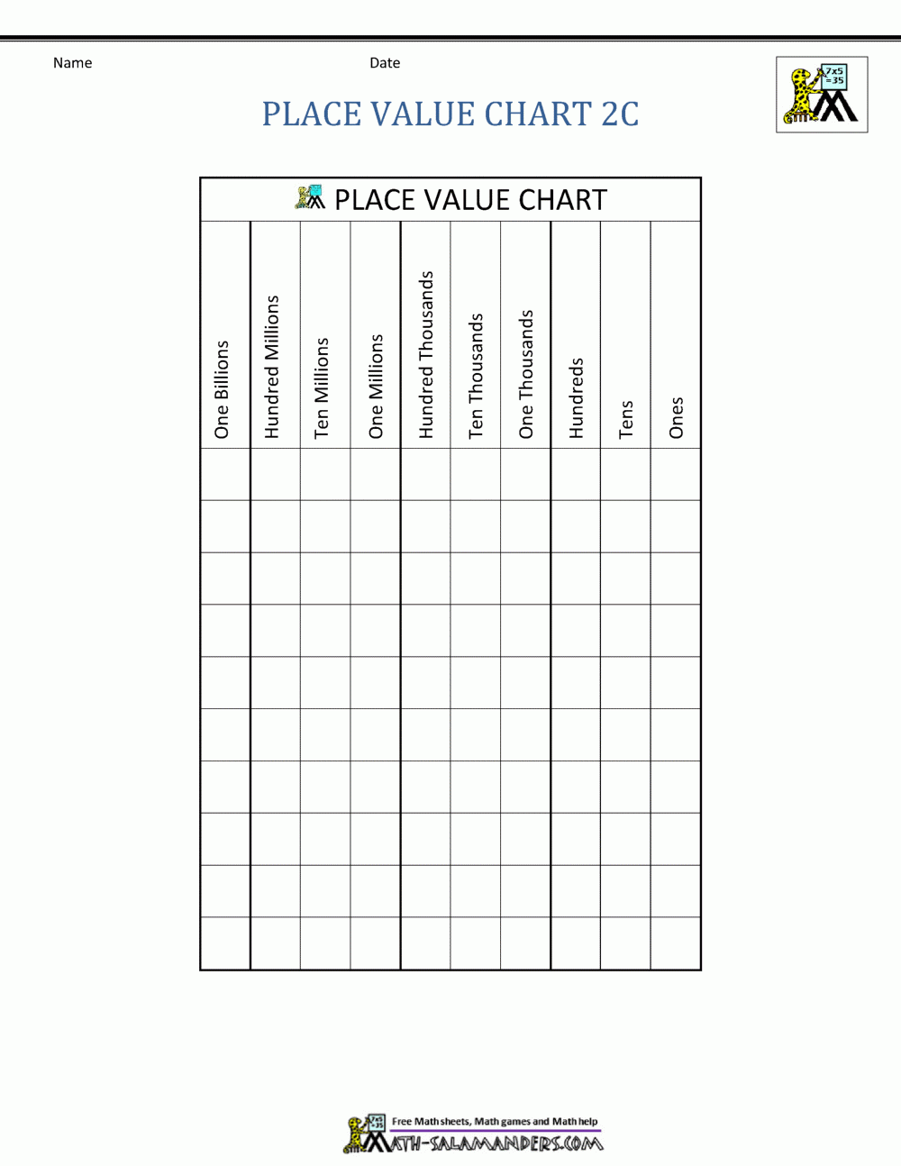 Billions Place Value Chart Printable