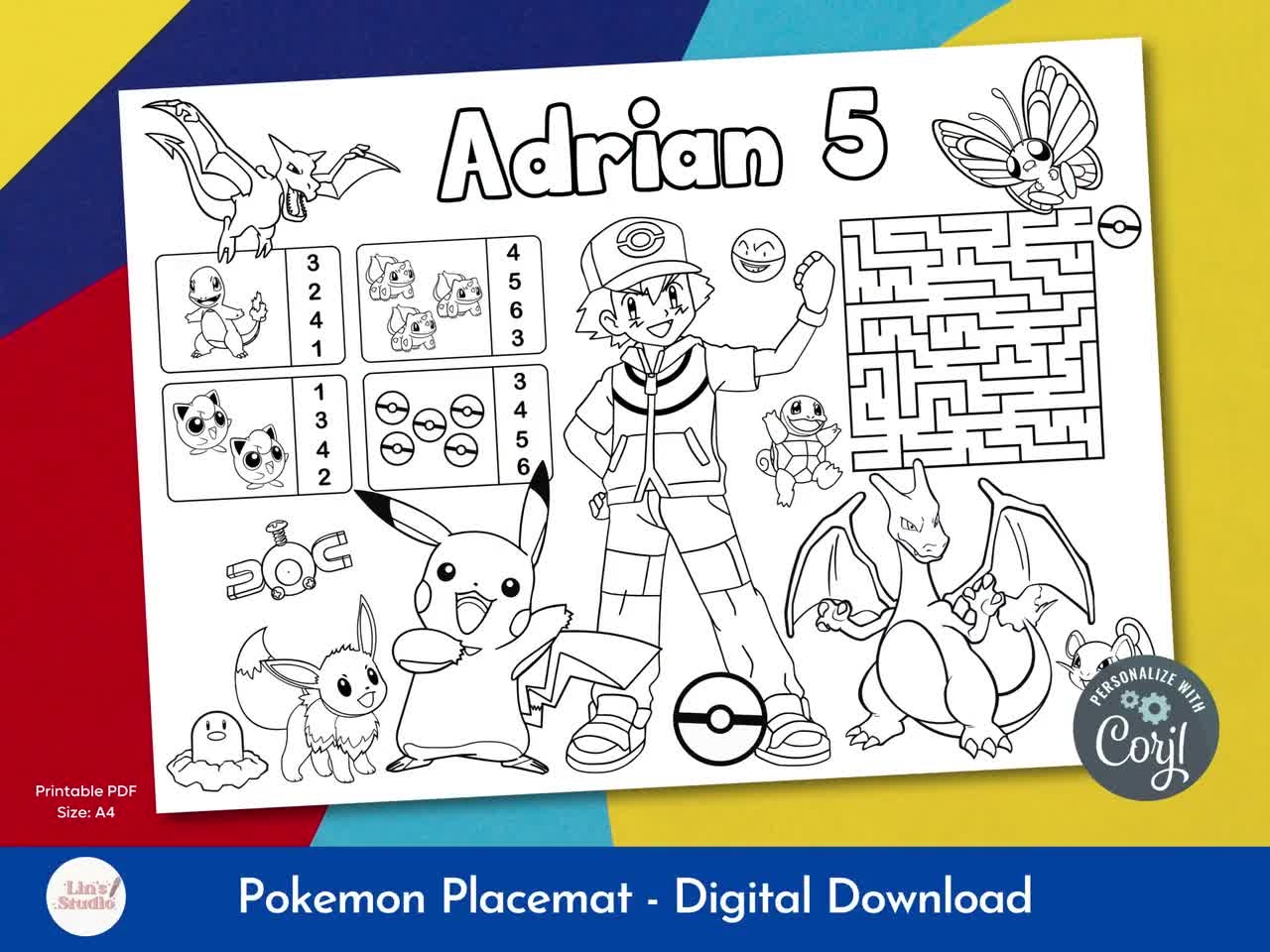 Pokemon Coloring Sheet Birthday Party Placemat Kids Activity Personalized Any Age Printable Digital Download Etsy