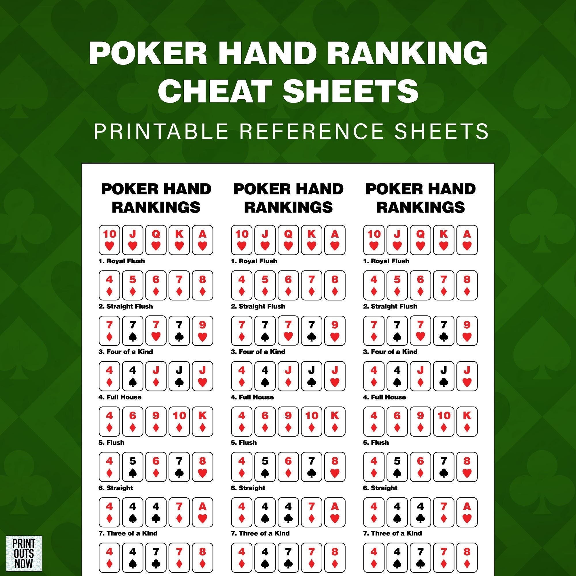 Poker Hand Ranking Cheat Sheet Print Out Instant Download For Texas Hold em Stud Draw More Etsy
