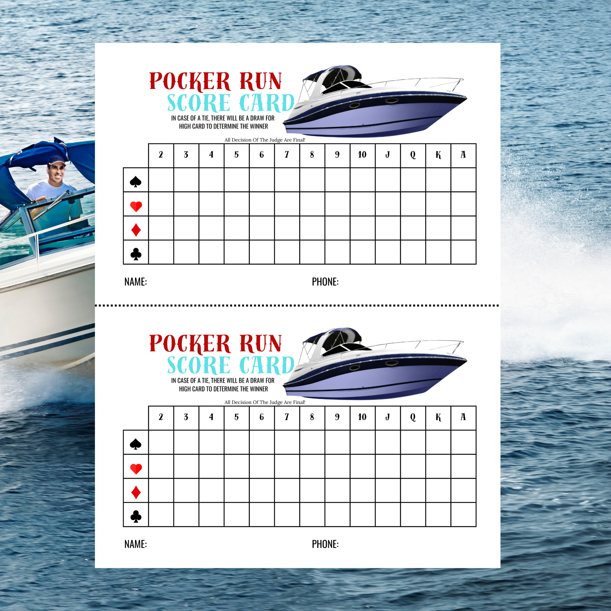 Poker Run Score Card Boats