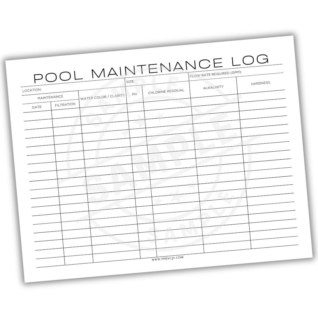 Pool Maintenance Log Printable PDF Track Cleaning Schedule Water Testing Chemical Levels And Equipment Checks For Pool Care Etsy Israel