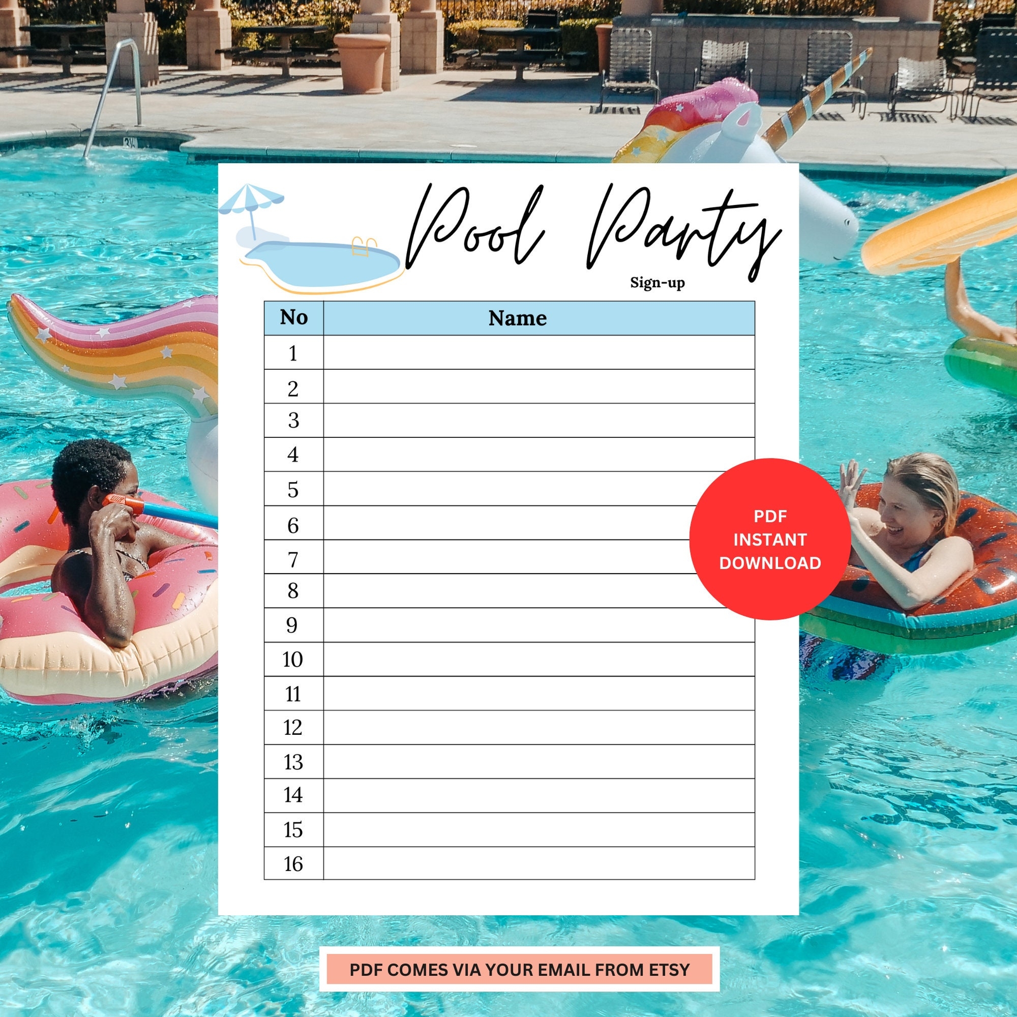 Pool Party Sign Up Sheet Summer Party Sheet Printable Pool Party Up Sheet Summer Activity Summer Holidays Kids Pool Party Etsy