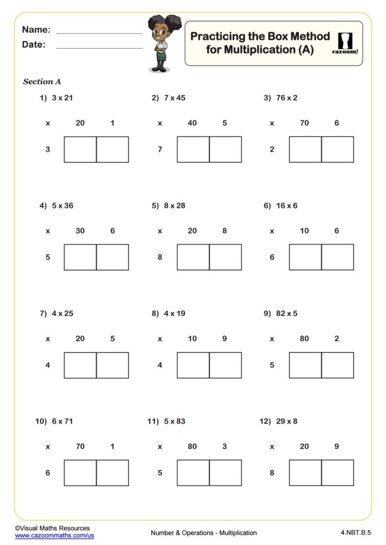 Practicing The Box Method For Multiplication B PDF Printable Number And Operations Worksheets Cazoom Math
