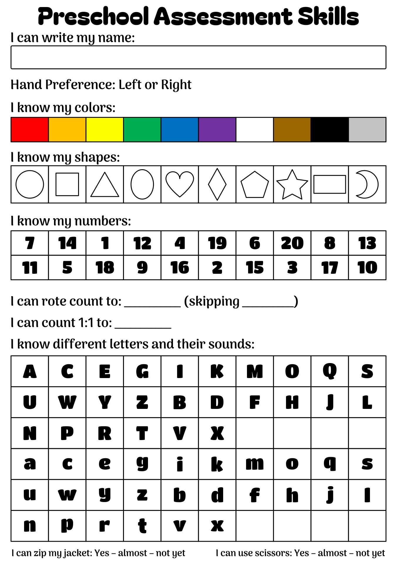 Printable Preschool Assessment Sheet Printable Preschool Assessment Sheet