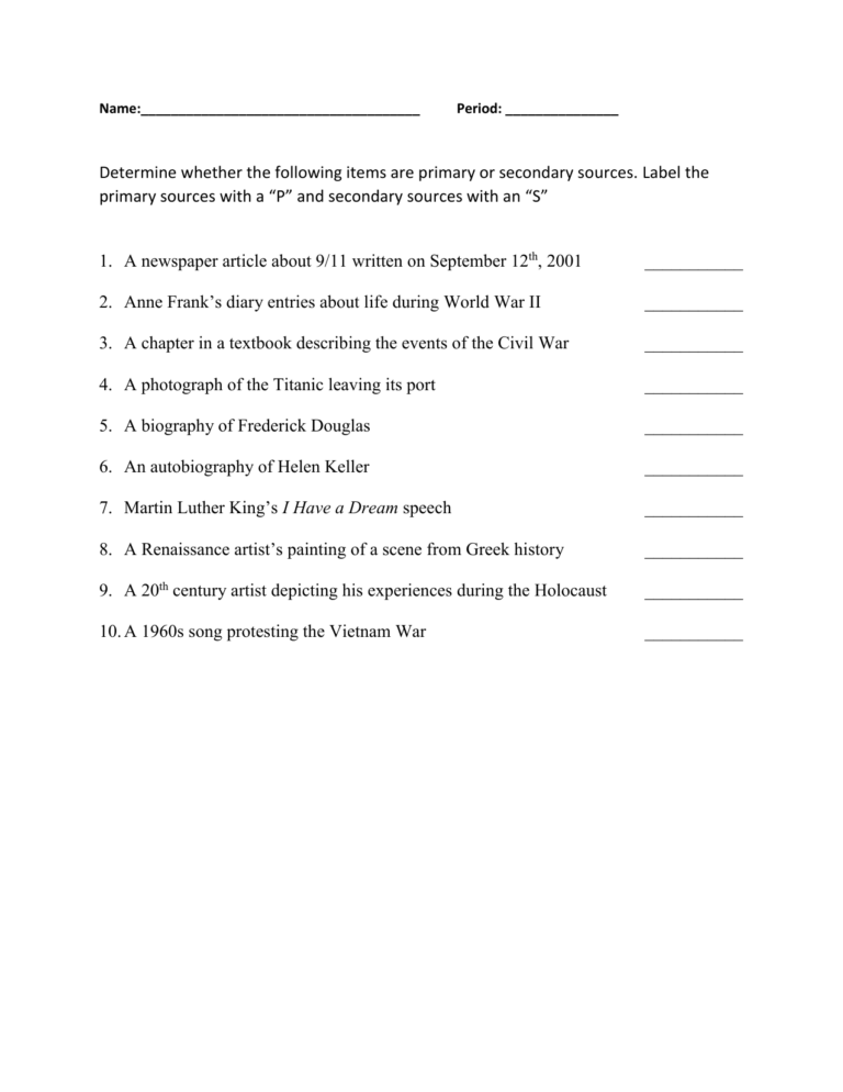Primary And Secondary Sources Worksheet Worksheets Library