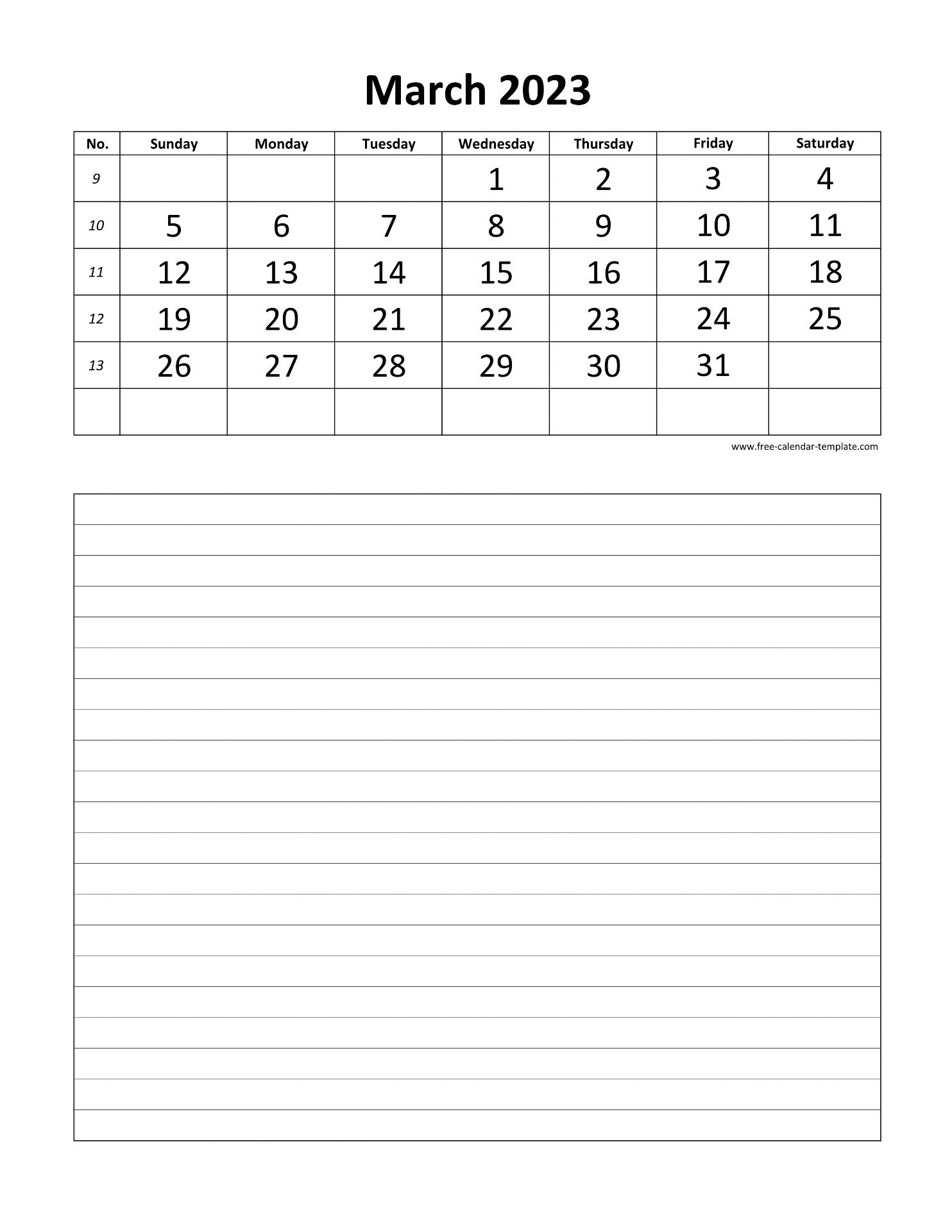 Printable 2023 March Calendar Grid Lines For Daily Notes vertical Free Calendar template