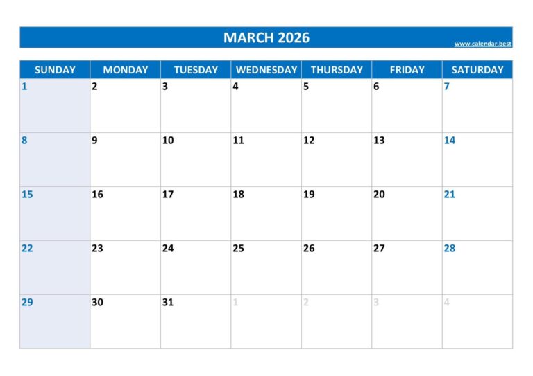 Printable 2026 Monthly Calendar Calendar best