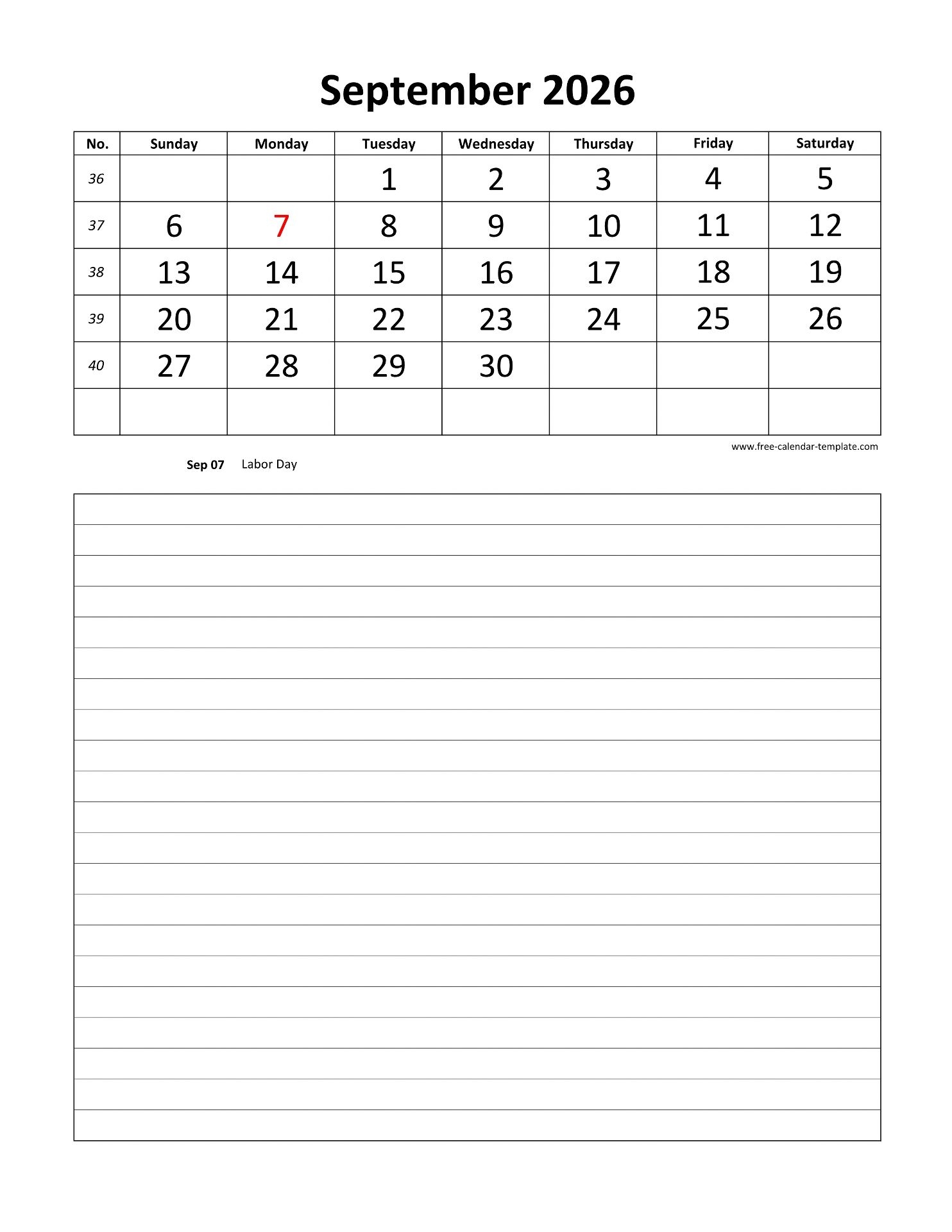 September 2026 Calendar Printable With Notes