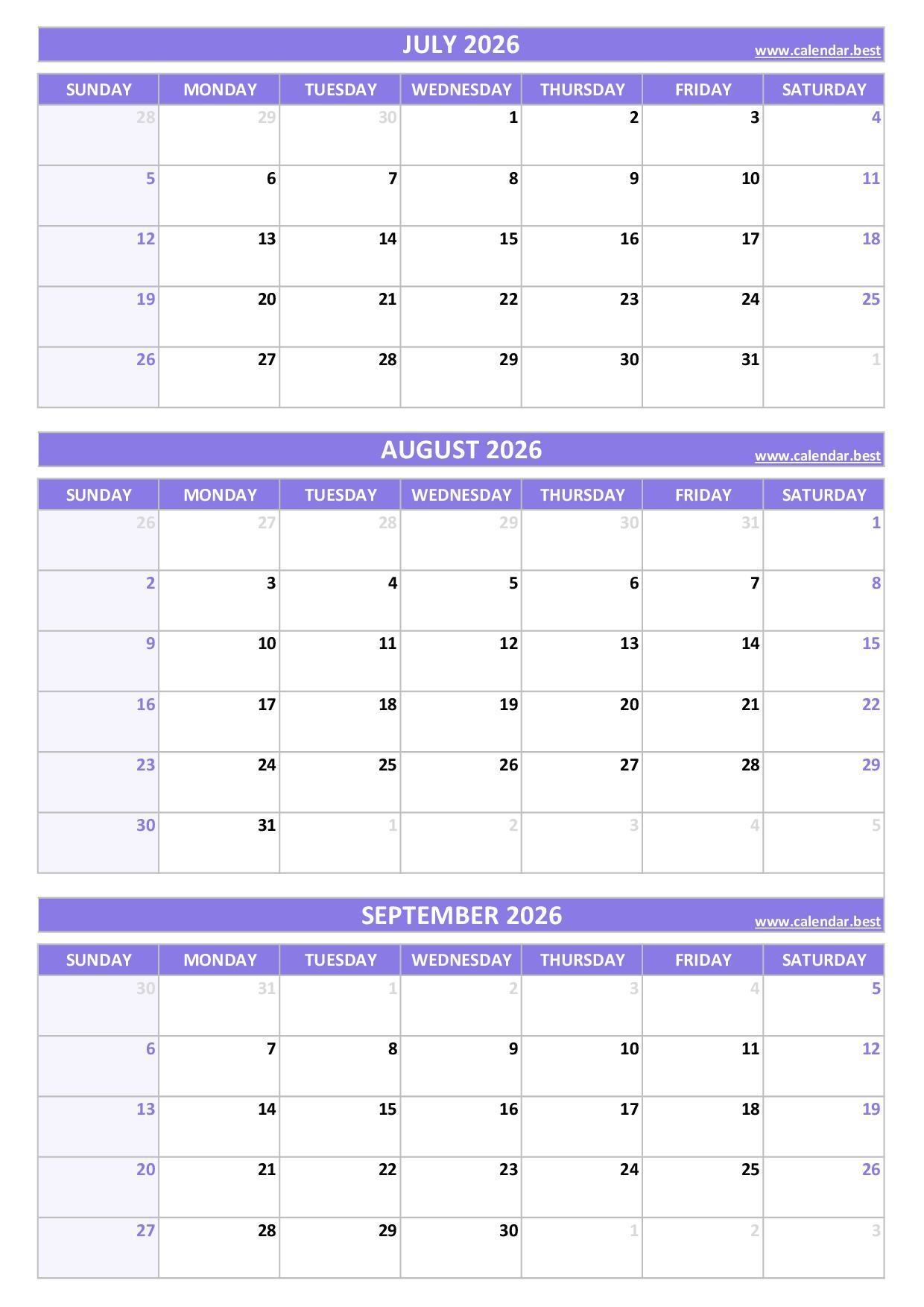 Printable 3rd Quarter 2026 Calendar