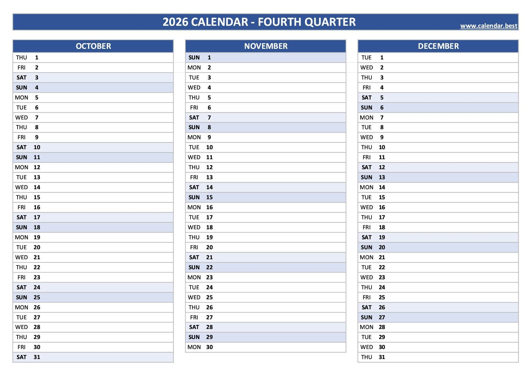Printable 4th Quarter 2026 Calendar