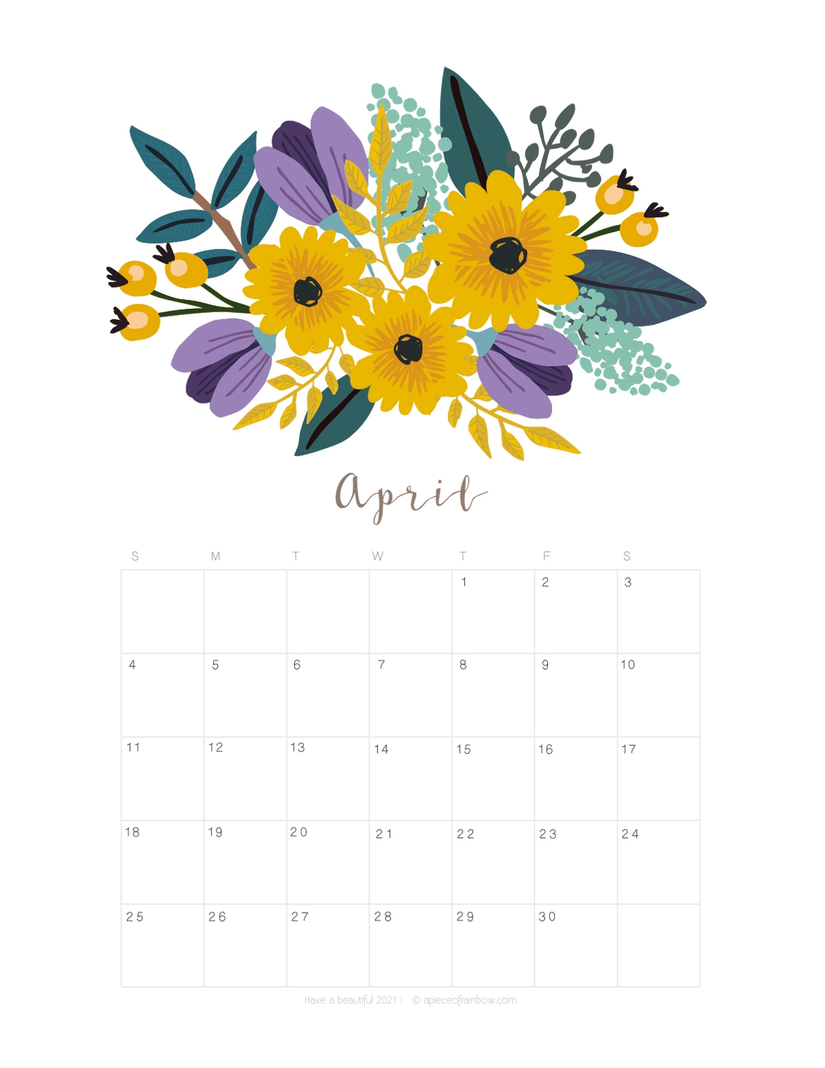Printable April 2021 Calendar Monthly Planner 2 Designs Flowers Modern A Piece Of Rainbow