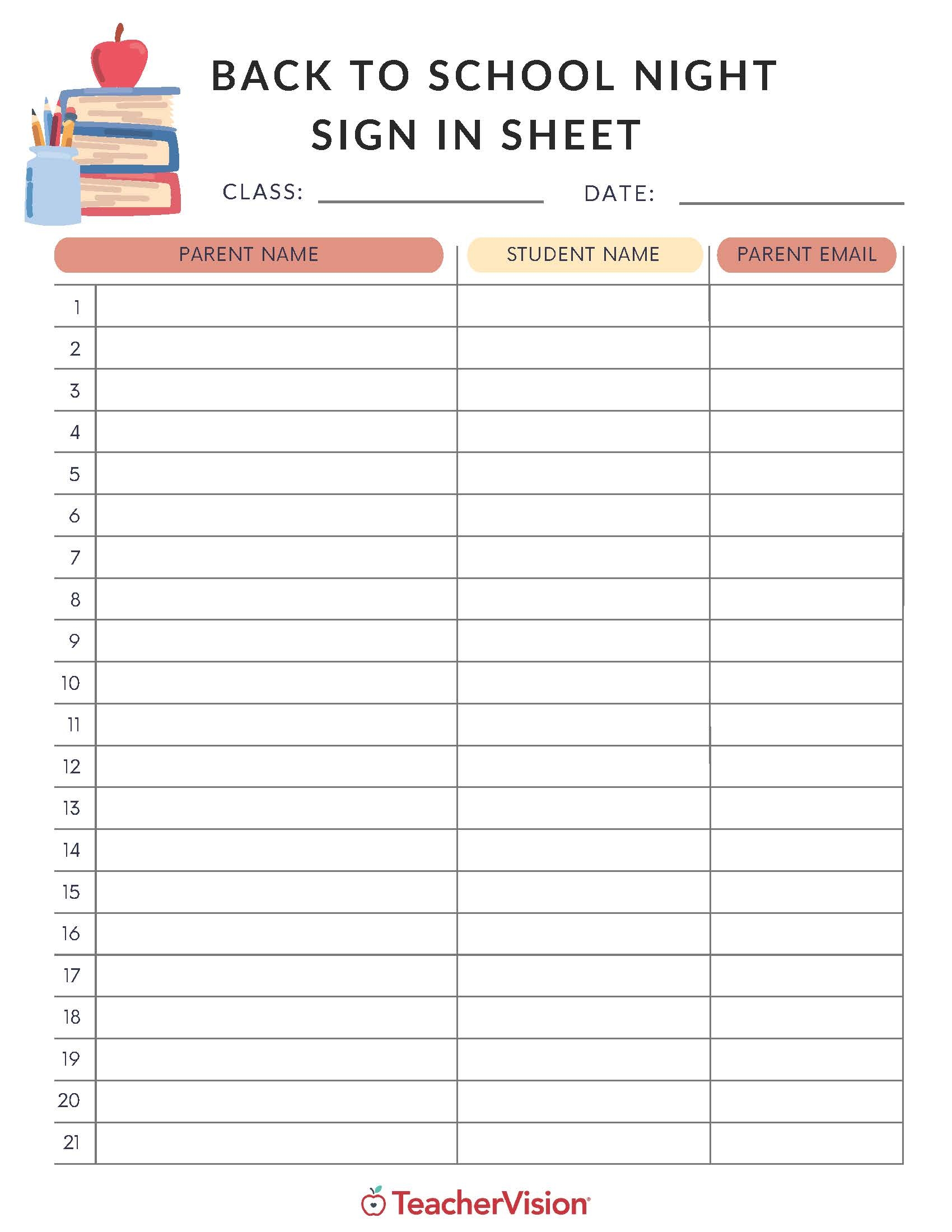 Printable Back To School Night Sign In Sheet TeacherVision