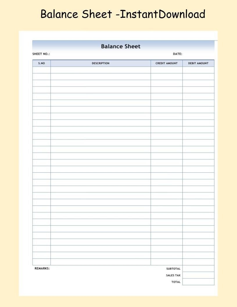 Printable Balance Sheet ledger Sheet Small Business Accounting Form PDF Digital Download trial Balance printable bookkeeping entrepreneur Etsy