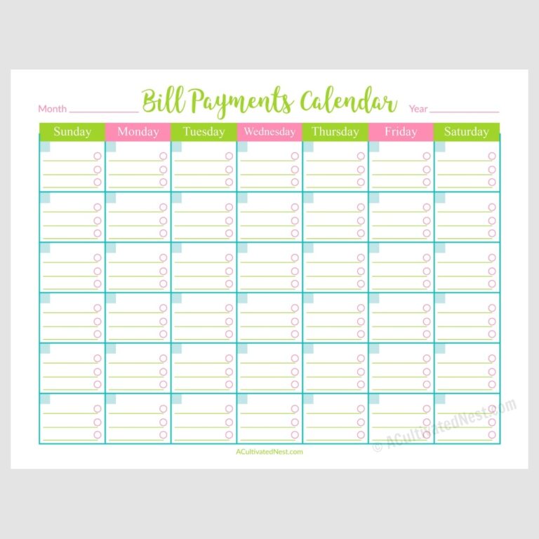 Printable Bill Payments Calendar A Cultivated Nest