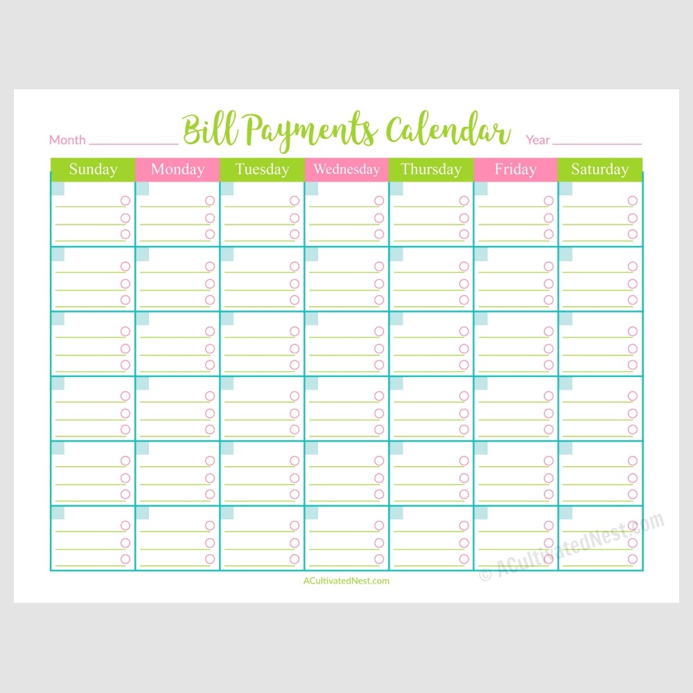 Printable Bill Payments Calendar A Cultivated Nest Printable Bill Payments Calendar A Cultivated Nest