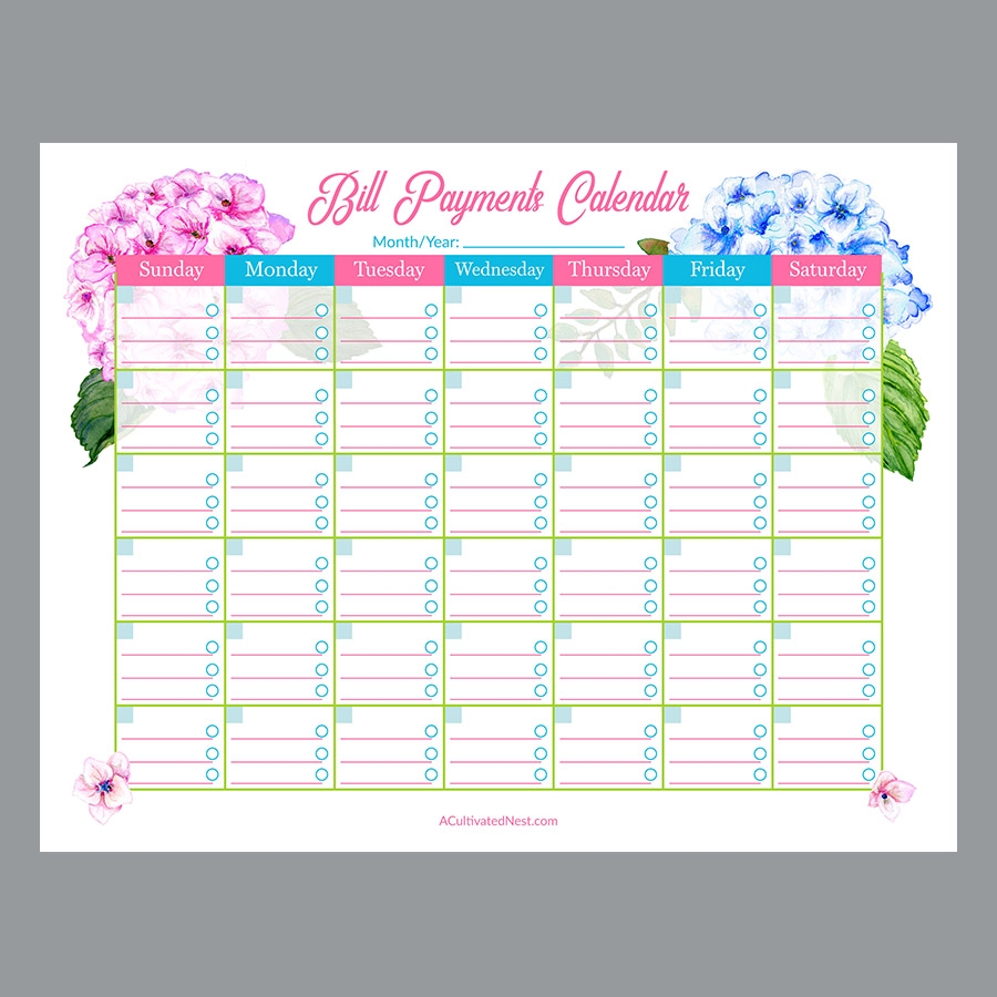 Printable Bill Payments Calendar Hydrangeas A Cultivated Nest Printable Bill Payments Calendar Hydrangeas A Cultivated Nest