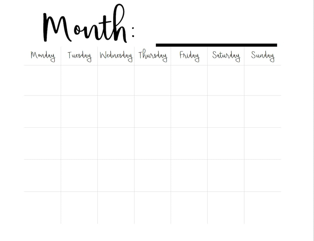 Printable Blank Monthly Calendar monday Start 16 X 20 Etsy