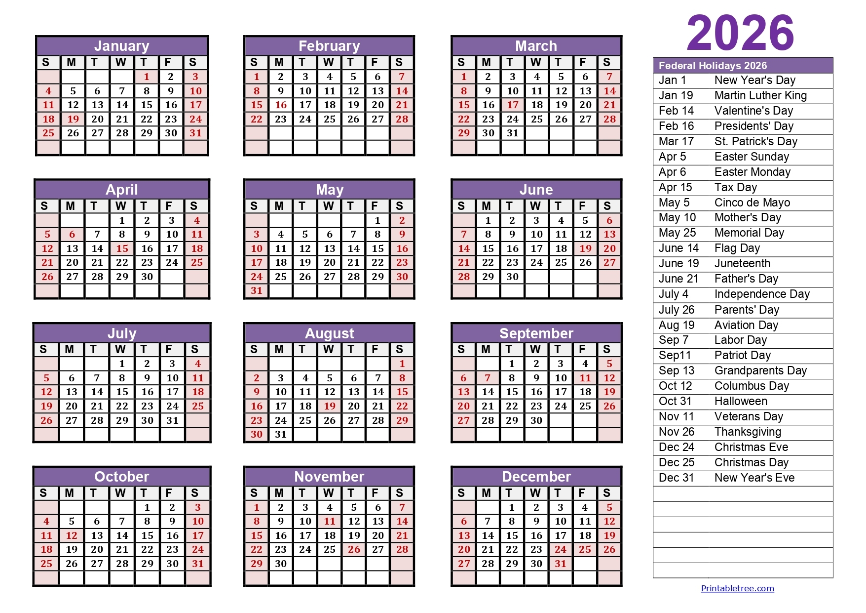 2026 Annual Calendar Printable