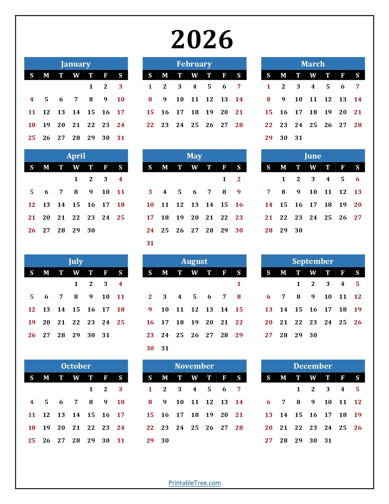 Free Printable Calendar 2026 Monthly