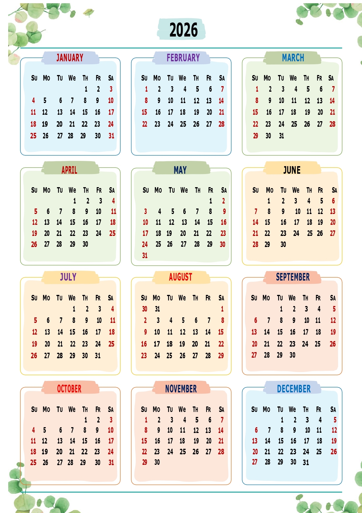 Printable Calendar 2026 One Page With Holidays Single Page 2026 Yearly Blank PDF Templates