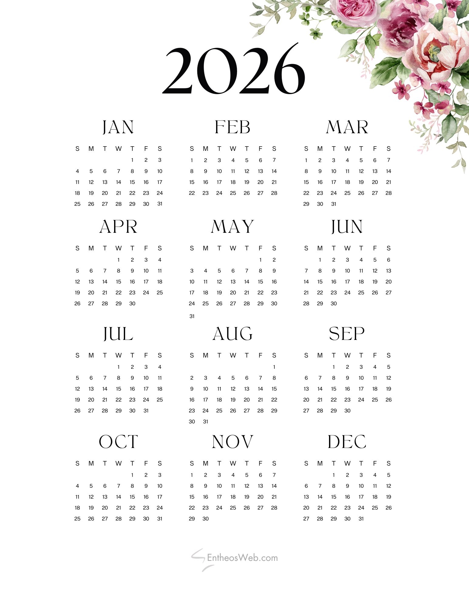 Printable Calendars 2026 EntheosWeb