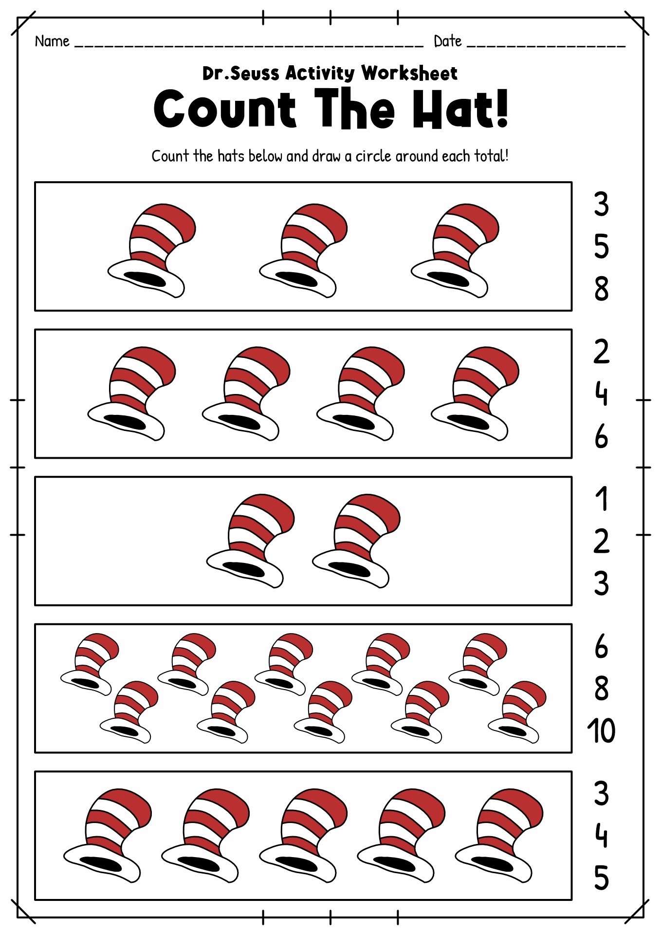 Printable Cat In The Hat Crafts For Preschool Seuss Worksheets For Preschool Made By Teachers